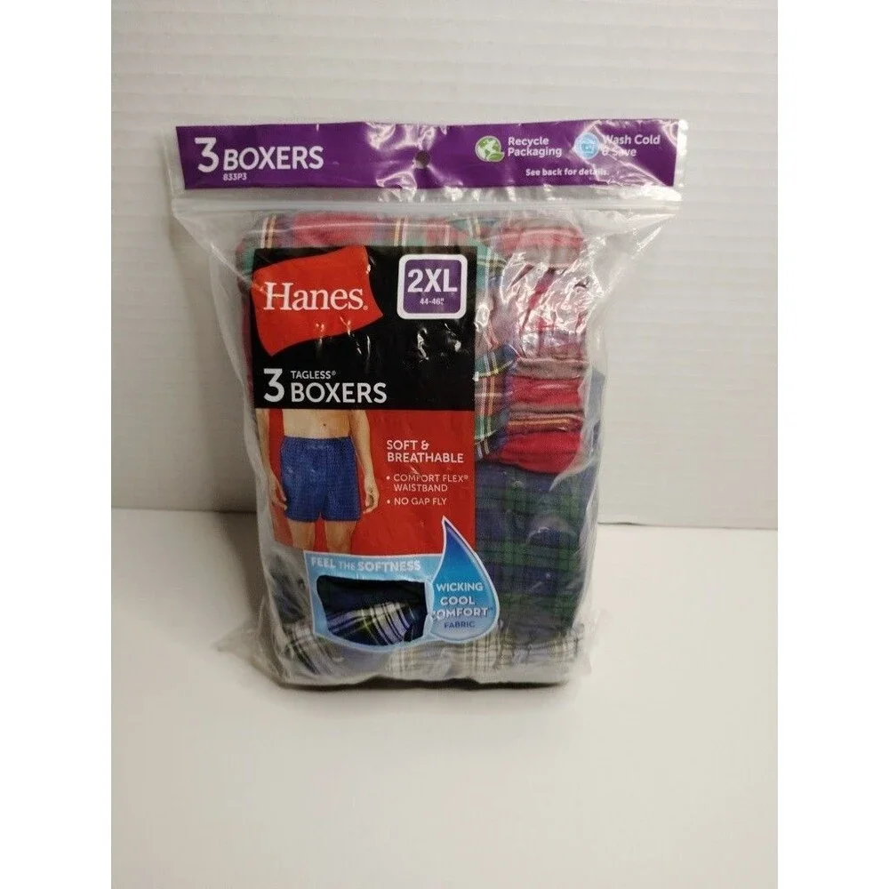 Hanes Tagless Breathable Moisture Wicking Boxer Shorts 3-boxers Plaid 2XL
